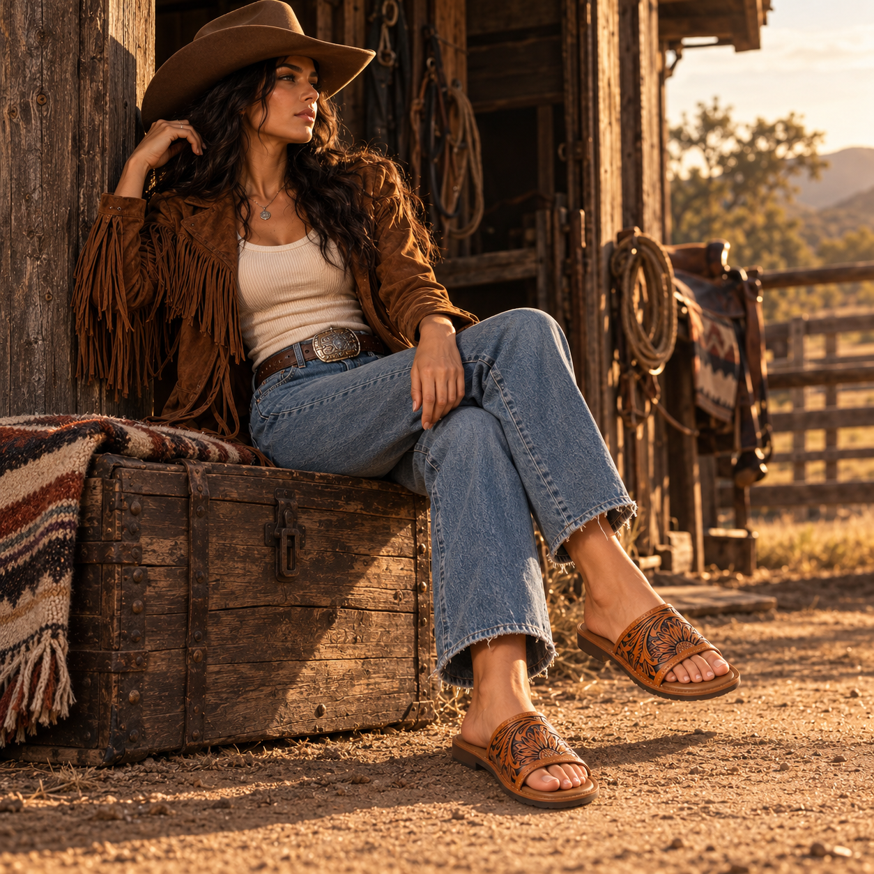Tooled leather sandals styled with denim on a Western porch